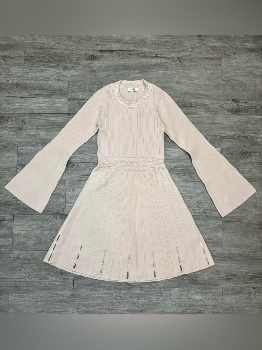 Sandro Paris Ribbed Knit Fit & Flare Bodycon Dress XS Blush Nude Bell Sleeves - Picture 4 of 12